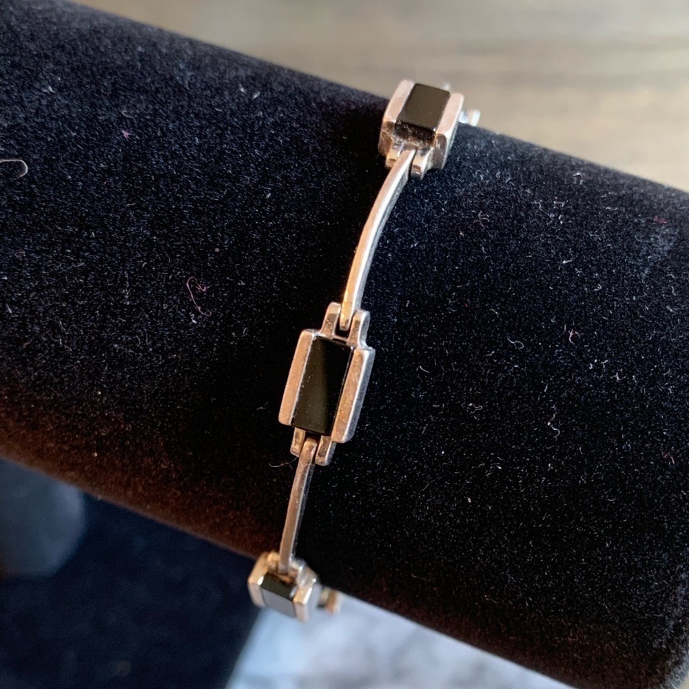 Sterling Silver Bracelet Black Stone Rectangles Link Stamped 925 A1 Artist Vtg